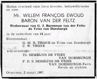 Overlijdensbericht Willem Francois Ewoud baron van der Feltz (1882-1967)